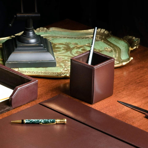 Bonded Leather Pencil Cup for Pens and Pencils on executive desk with luxury decor and dark brown leather office accessories.