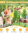 2 In 1 Outdoor Bird Bath And Feeder Stand, freestanding copper metal for garden, patio or yard, shown in use with birds and plants