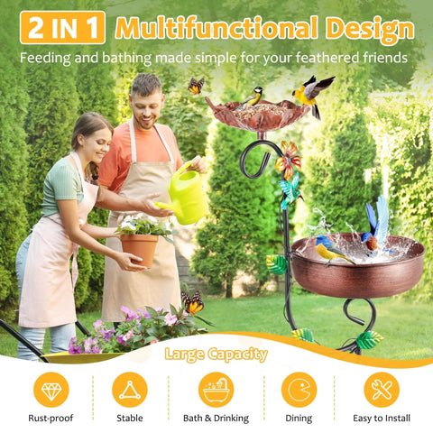 2 In 1 Outdoor Bird Bath And Feeder Stand, freestanding copper metal for garden, patio or yard, shown in use with birds and plants