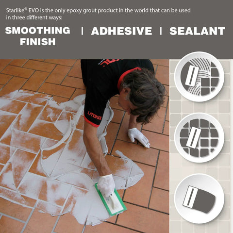 Person applying Starlike EVO Epoxy Grout For Tile Blue Denim 340 Easy To Apply No Fuss And Clean Bathroom Pool Backsplash Grout