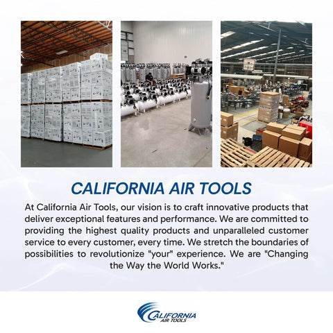 California Air Tools warehouse displays Ultra Quiet 1 Gallon Portable Air Compressor With Oil Free Pump 0.6 HP And 56 dB Noise Level.