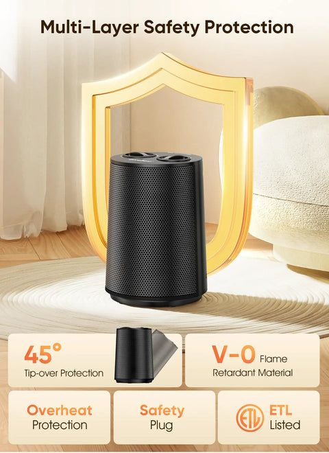 Portable 1500W Space Heater with PTC ceramic heating in front of shield, ideal for bedrooms, offices, with overheat protection.