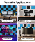Top Shelf Acoustic Foam Panels 52 Pack Wedge Sound Dampening Wall Tiles For Recording Studios Home Offices And Gaming Rooms Pro Level Gear Black And Blue 1 Inch Thick in varied settings like studio, office, gaming.