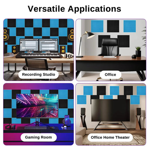 Top Shelf Acoustic Foam Panels 52 Pack Wedge Sound Dampening Wall Tiles For Recording Studios Home Offices And Gaming Rooms Pro Level Gear Black And Blue 1 Inch Thick in varied settings like studio, office, gaming.