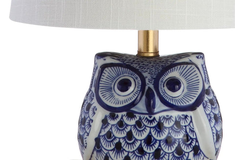 Blue White Ceramic Owl Table Lamp With Linen Shade Cozy Modern Farmhouse Nightstand Light For Bedroom Or Office LED Bulb Included