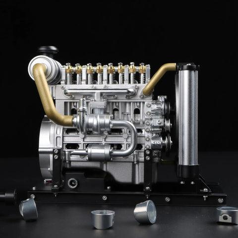 Boss Mini Diesel Engine Model Kit With Real Working OHV Four Cylinder Mechanism Slick Metal DIY Assembly Set showing detailed metal engine components.