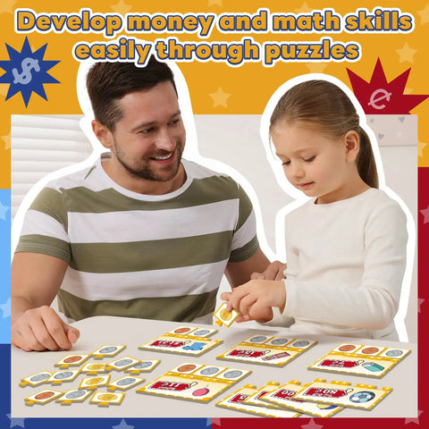 Child with adult using Pretend Money Set For Kids With Bills And Coins, Hands On Math Manipulatives For Counting And Money Skills