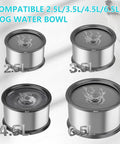 Four stainless steel dog water bowls showing 2.5L, 3.5L, 4.5L, 6.5L sizes, compatible with 5 Pack Replacement Filters For Dog Water Bowls 4.5L 1.2 Gal And 6.5L 1.6 Gal Compatible Filtration To Keep Your Pup Hydrated Clean Fresh Water Everyday.