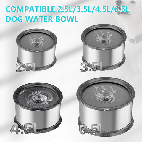 Four stainless steel dog water bowls showing 2.5L, 3.5L, 4.5L, 6.5L sizes, compatible with 5 Pack Replacement Filters For Dog Water Bowls 4.5L 1.2 Gal And 6.5L 1.6 Gal Compatible Filtration To Keep Your Pup Hydrated Clean Fresh Water Everyday.