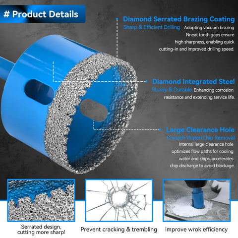 Straight Shooter 11 Piece Diamond Hole Saw Kit With Serrated Brazed Drill Bits Eva Guide Jig, showing serrated hole saw details.