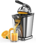 Healnitor 150W Electric Citrus Juicer with Two Cones, Stainless Steel quiet extractor pouring fresh juice into a glass.