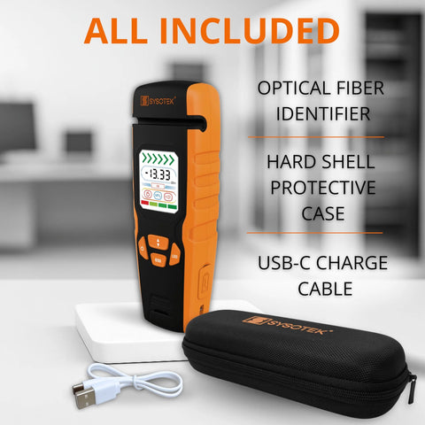 Optical fiber identifier handheld tester in orange/black with USB-C charging cable and protective case; Sysotek logo.