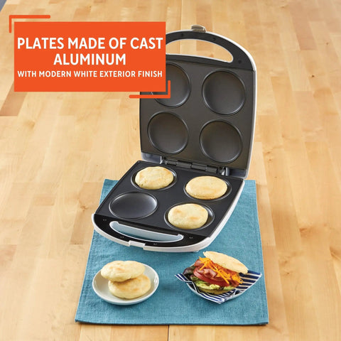 Imusa 4 Slot Electric Arepa Maker, 1200 Watt Nonstick Griddle for Fluffy Corn Cakes with cast aluminum plates.