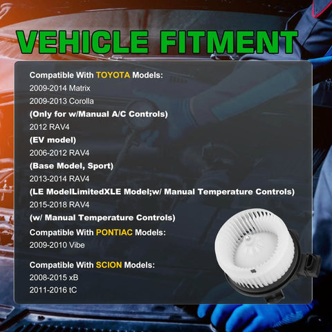 Image of Heavy Duty 2 Pin Hvac Heater Blower Motor Assembly compatible with Toyota, Pontiac, and Scion models, showing vehicle fitment details.