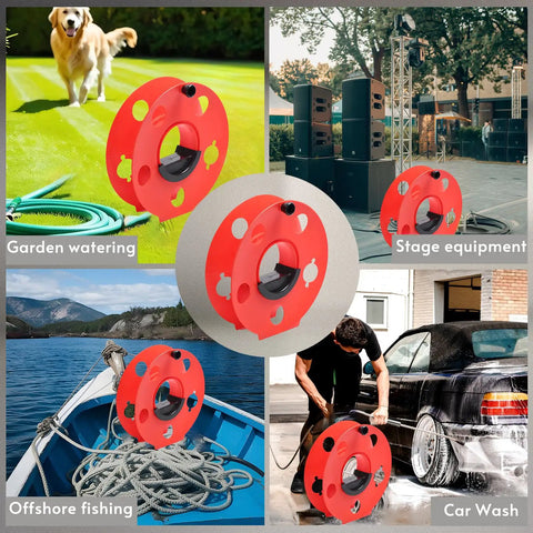 Heavy Duty Extension Cord Reel Built Tough As Nails With Impact Resistant Plastic Body Lightweight Portable Design For Safe Easy Storage Of Up To 100 Feet Perfect For Outdoor Projects DIY Maintenance And Home Improvement shown in various settings like gardening, stage setup, fishing, and car washing.