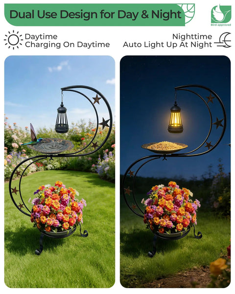 Solar Bird Bath For Outdoors With Vintage Metal Standing Bowl Two Tier Design Flower Planter For Garden Yard Lawn Decor And Backyard Vibes Hummingbird Embossed Details, daytime and nighttime view