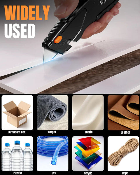 Retractable Box Cutter Knife With Built In Blade Storage And Tool Free Quick Change Includes 15 Sharp SK5 Replacement Blades Heavy Duty Razor Knife For Cardboard Plastic And Paper Craft Projects Black, cutting cardboard