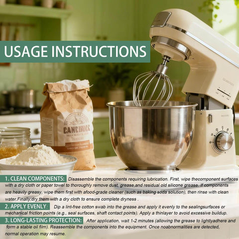 Stand mixer with stainless steel bowl using Food Grade Grease For Kitchen Appliances 5 Oz Bottle NSF H1 Accredited Lubricant in kitchen.
