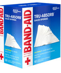 Front view of BAND-AID Tru-Absorb gauze sponges box, 50 large sterile 4-by-4 inch pads