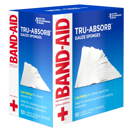 Front view of BAND-AID Tru-Absorb gauze sponges box, 50 large sterile 4-by-4 inch pads
