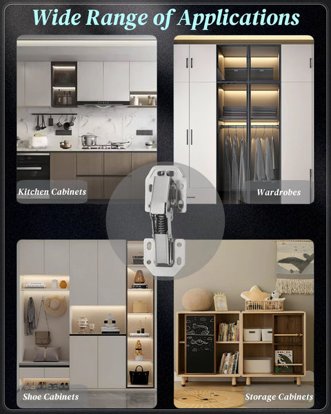 No Cup Hole Needed 4 Pack Soft Close Concealed Cabinet Hinges for overlay and inset doors shown in various cabinet applications