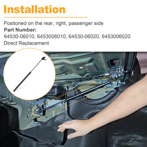 Installation guide showing Heavy Duty Rear Right Trunk Lid Support Strut Cylinder Gas Spring For 2018 2025 Toyota Camry in car trunk.