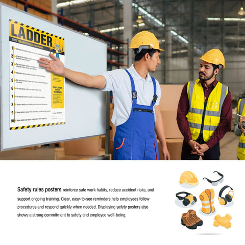 Workers discussing Essential Ladder Safety Poster With OSHA Rules, 10 Must-Know Ladder Guidelines For Safe Climbing, Setup