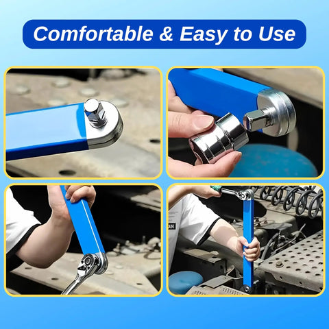 15 Inch Offset Extension Wrench Set For Tight Spaces used in automotive repairs, close-up of ratchet extension tool with adapters.