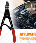 Heavy Duty 10 Inch Spindle Snap Ring Pliers Set With Ratchet Lock For Internal And External Circlips Quick Install And Removal Tool Kit For Ford And General Auto Repair 2025 Upgraded Model Built Tough with red handles and vehicle application display.