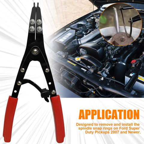 Heavy Duty 10 Inch Spindle Snap Ring Pliers Set With Ratchet Lock For Internal And External Circlips Quick Install And Removal Tool Kit For Ford And General Auto Repair 2025 Upgraded Model Built Tough with red handles and vehicle application display.