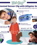 Wet-Stop 3+ Blue Bedwetting Alarm With Loud Sound And Strong Vibration For Boys And Girls Enuresis Alarm With Six Tones And Vibration Alerts Go To Compact Sensor Unit That Uses 2 AAA Batteries And Is Easy To Clean, shown with child and setup steps
