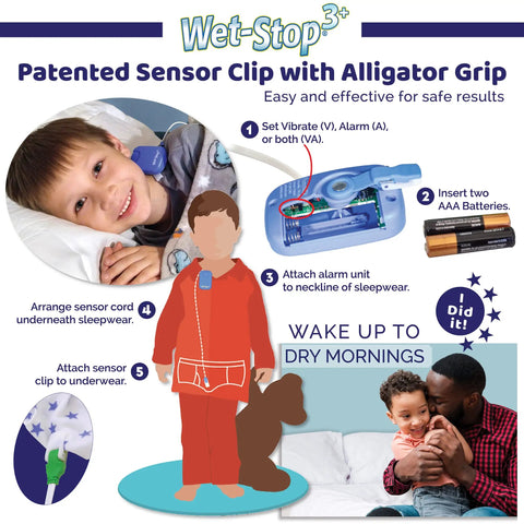 Wet-Stop 3+ Blue Bedwetting Alarm With Loud Sound And Strong Vibration For Boys And Girls Enuresis Alarm With Six Tones And Vibration Alerts Go To Compact Sensor Unit That Uses 2 AAA Batteries And Is Easy To Clean, shown with child and setup steps