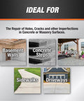 Gray Ready Mixed Concrete Patch For Fixing Cracks And Holes In Interior Or Exterior Surfaces Non Shrinking Repair Formula For Durable Patching 32 Oz Ideal For Masonry And Concrete Repairs around patios, driveways, sidewalks, basement walls, and concrete steps.