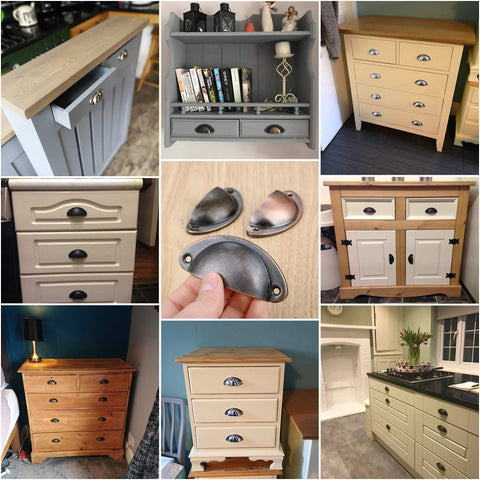 Collage of kitchen cabinets and dressers with Antique Bronze Shell Cup Pulls Set Of 10 For Cabinets And Dressers 82mm By 35mm.