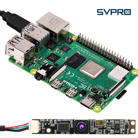 Dope 8MP USB Camera Module With Built In Microphone for LightBurn laser engraver and Raspberry Pi, shown uninstalled next to a Raspberry Pi board.