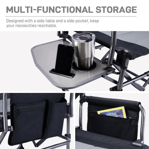 Compact Foldable Camping Directors' Chair With Side Table And Pocket, showcasing cup and phone holder, and side storage pockets