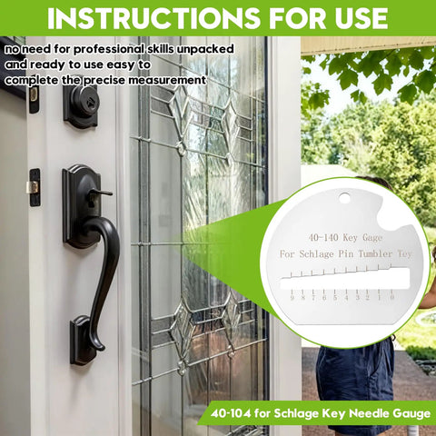 40-104 Key Needle Gauge For Home Lock Keys, Compact Semi-Circular Tool With Ergonomic Non-Slip Grip, Ultra-Precise Key Measurement For Common Door Lock Series, Portable Locksmith Gauge For DIYers And Pros, shown beside a door lock