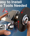 Hand using 2 Pack 5/8-11 Angle Grinder Flange Nuts With Tool Free Quick Release Locking Kit Silver D Ring to install cutting wheel