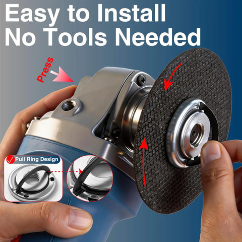 Hand using 2 Pack 5/8-11 Angle Grinder Flange Nuts With Tool Free Quick Release Locking Kit Silver D Ring to install cutting wheel