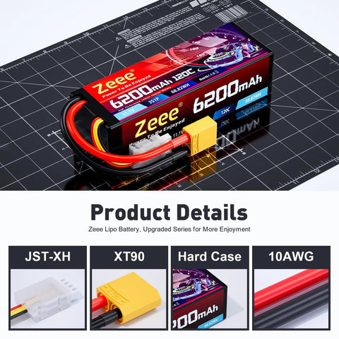 Beefed Up 3S 6200mAh 11.1V 120C LiPo Battery Hard Case With XT90 Connector For One Eighth And One Tenth Scale RC Cars Tanks Trucks Racing Models Two Pack Heavy Duty Power For High Speed Runs shown on grid layout with XT90 detail