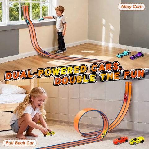 Children playing with 15 Ft Flexible Race Car Track With Suction Cups For Diecast 1/64 Cars, Buildable Ramp Track For Kids 3 Plus, Includes 4 Mini Cars And Monster Trucks, Perfect Birthday Gift For Boys And Girls, Totally Fun