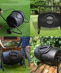 Four images showing the No Fuss Rollable 170L Compost Tumbler For Easy Garden Waste And Kitchen Scraps Large Outdoor Bin With Wheels Aerated Rotating Drum Design Great For Leaves Grass Clippings And Food Scraps In Any Yard. Includes side and front views, two wheels for mobility, and a black aerated drum.