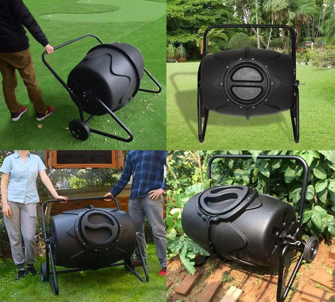 Four images showing the No Fuss Rollable 170L Compost Tumbler For Easy Garden Waste And Kitchen Scraps Large Outdoor Bin With Wheels Aerated Rotating Drum Design Great For Leaves Grass Clippings And Food Scraps In Any Yard. Includes side and front views, two wheels for mobility, and a black aerated drum.