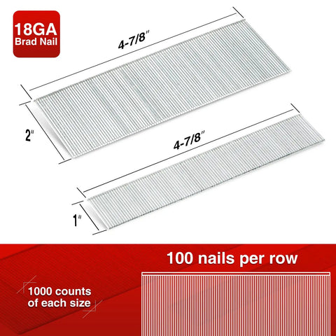 Heavy Duty Galvanized Staples and Brad Nails Kit for Pneumatic and Electric Staplers, showing 1-inch and 2-inch brad nails in 18GA.