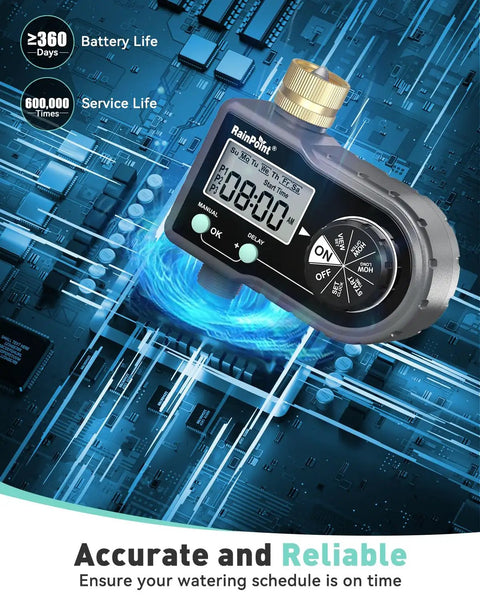 Three Program Garden Hose Sprinkler Timer With Brass Inlet on digital background, highlighting features and durability.