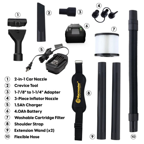 Assortment of accessories for Badass Pro Grade 4 Gallon Cordless Wet Dry Shop Vacuum With 24V Lithium Ion Battery Toolbox Design.