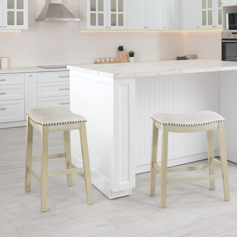 24-Inch Counter Height Saddle Stool 2-Pack With Nailhead Trim Thick Padded Beige Fabric Seats Antique White Base in kitchen