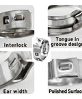 Detailed views of 50Pcs 8.8-10.5mm Single Ear Hose Clamps with interlock, tongue in groove design, ear width, polished surface, 304 stainless steel.