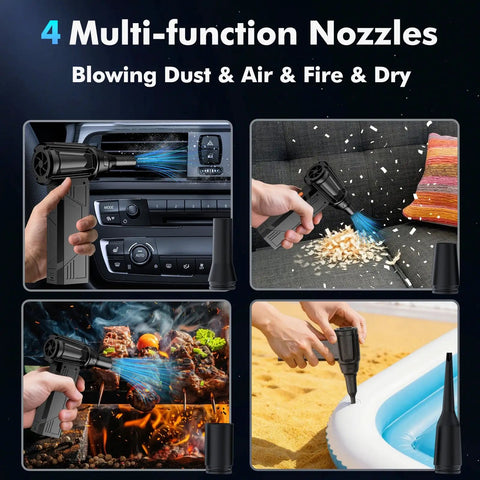 Beast Mode Cordless Air Duster With LED Light, 180000 RPM Turbo Cleaning Power in use on car, sofa, grill, and pool inflatable