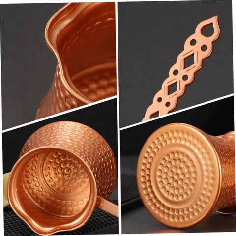 Close-up views of Turkish Coffee Pot 330ml Vintage Copper Coffee Maker with ergonomic handle and detailed copper finish texture.